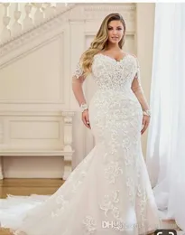 African Nigerian Sirena Abiti da sposa in rilievo con scollo a V in pizzo Applique Tiered Ruffles Corte Treno Abito da sposa formale Abito da sposa Abiti da sposa Vestidos