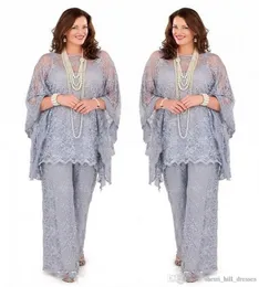2020 Custom Made Artı boyutu Gelin Pant Anne Uzun Kollu Üç adet Gümüş Gri Örgün Kadınlar Damat Dantel Anne Elbise Takımları