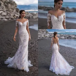 NaviBlue 2020 Full Lace Długie Rękawy Syrenki Suknie Ślubne Appliqued Suknie Ślubne Niestandardowe Sweep Pociąg Plaża Suknia Ślubna Vestido De Novia