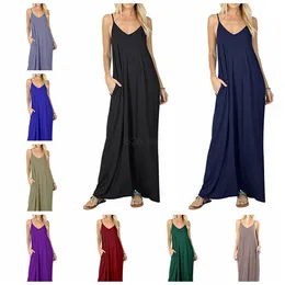 Kobiety Solidna bez rękawów Maxi Dress Boho Designer Spaghetti Kieszonkowy Długość V Neck Luźna Długa Spódnica Elegancka Clubwear Ljja2536-1