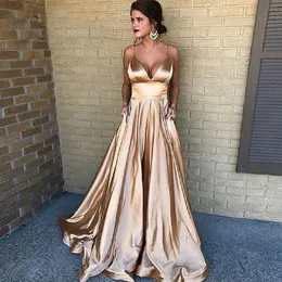 أحدث ألف خط طويل الشمبانيا مساء اللباس مثير مرونة الساتان vestido دي فيستا السباغيتي الأشرطة حزب رسمي مسابقة الحفلة الراقصة