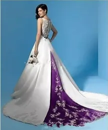 白と紫のヴィンテージのウェディングドレスホルターバックレスレースビーズ刺繍ステインスイープトレインブライダルウェディングガウン280B