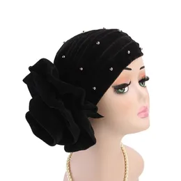 Kvinnor Varm Ruffle Big Flower Bead Velvet Turban Hat Head Wrap Chemo Beanies Hijab Bonnet Cap Headwear Hårtillbehör
