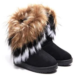 2019 mulheres Botas de outono e inverno botas de neve Penas de pele de raposa flat-fundo curto algodão-acolchoado sapatos botas de inverno XMAS presente