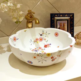 Forma de flor China Handmade Lavabo Cerâmica Lavatório Europa Luxuoso Artístico Banheiro Dissipado Pé Bacia de Lavagem