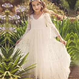 新しい安い素敵なフルレースの花の女の子のドレスのためのウェディングVネック長袖の床の長さの女の子Pageantドレス子供の赤ちゃんの聖体拝領のガウン