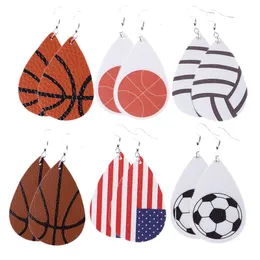 Handgjorda Teardrop Leather Earrings Amerikanska flaggan Fotboll Softball Baseball Basketboll Fotboll Sport Dangle Örhängen för Kvinnor Tjejer Smycken