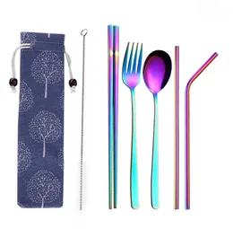 DHL Rainbow Stainless steel Cutlery Set with Portable bag 3PCS/SET and 5PCS/SET Flatware spoon Fork chopsticks straw brush SN2857