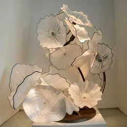 커스텀 무라노 접시 바닥 램프 꽃 디자인 유리 예술 조각 스탠딩 램프 현대 장식 흰색 컬러 165c