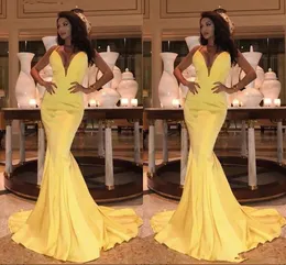 Sarı Abiye Mermaid Gelinlik Modelleri Uzun V Yaka Backless Örgün Ünlü Parti Abiye Leke vestido de noche Custom 171