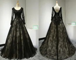 Prawdziwy obraz Czarny Długie Rękawy Luksusowe Koronki Zroszony Suknia Ślubna Suknia Ślubna Scoop Custom Plus Size Wedding Formalna okazja
