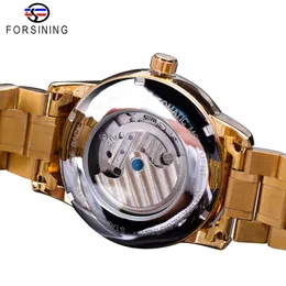 Мужские часы Forsining, автоматические золотые часы с фазой Солнца и Луны, стальной ремешок, турбийон, черно-белый циферблат, деловые механические часы Reloj Hombre284a