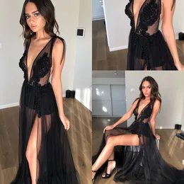 Black Tulle Długi Prom Dresses 2020 Deep V Neck Seksowne szaty De Soirée Pant Lace Aplikacja Zroszony Wysokiej Piętro Długość Party Suknie Wieczorowe