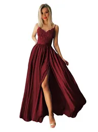 深い赤い花嫁介添人ドレスロングレースのアップリケビーズの高い分割床の長さ結婚式ゲストガウンメイドの名誉ドレス