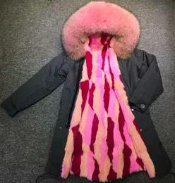 New listing women snow coats pink raccoon fur trim parka Meifeng brand pink red stripe Artificial fur lining dark grey long parkas