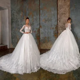 Bescheiden elegante juweel Lange mouw kanten applique trouwjurken bruid jurken vegen trein vintage bruidsjurken