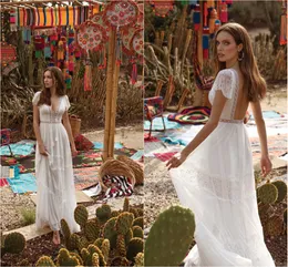 Boho Asaf Dadush Wedding Dresses spets Appliqued Beach V Neck Kort ärm rygglös brudklänningar Vestido de Novia estido