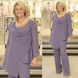 Pastel Purple Mother Elegant of the Bride Suits calças de mangas compridas colheita neclk ruched chiffon bished personalizado vestido de noite para plus size