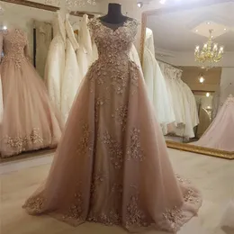 Abiti da ballo polverosi a sirena rosa con gonna staccabile Applique in pizzo con fiori Abiti da sera lunghi arabi Robe De Soiree Applique