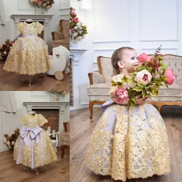 Gold Lace Ball Gown Flower Girl Dresses For Wedding Short Sleeves Girls Pageant Gowns With Big Bow Baby Birthday Party Dress 2019