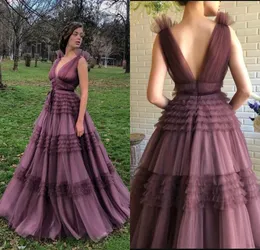 2020 Elegant Evening Dresses V Neck Tulle Tiered Skirts Backless Prom Dress Floor Length Custom Made Formal Party Gowns