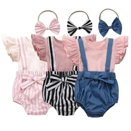 Baby Girls Clothes Kids Solid T Shirt Suspender Shorts Bowknot Headband Clothing Sets Summer Fly Sleeve Top Striped Hairband Suit CYP619