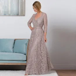 Abiti per la madre della sposa in pizzo con paillettes modesti Scollo a V Una linea maniche lunghe Abito per invitati a un matrimonio Lunghezza al pavimento Abiti formali taglie forti