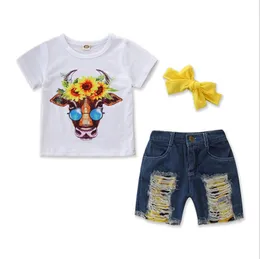Kids Designer Ubrania Dziewczyny Zwierząt Koszulki Koszulki Dziurki Dżinsy Pałąk 3 sztuk Zestawy Kwiatowy Dziewczyna Stroje Boutique Letnie Dzieci Odzież DHW3792