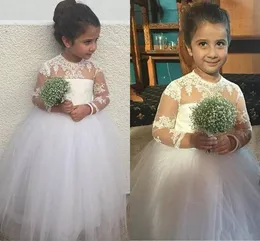Ball Gowns Flower Girl Dresses with Long Sleeves Puffy Little Girls Pageant Dresses for Toddlers Sheer Neck Appliques Long Junior Bridesmaid