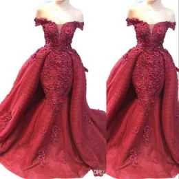 Neue sexy dunkle Abendkleider tragen Meerjungfrau Übertrieben von Schulterspitzen Applikationen Rückenfreie Plus -Größe Prom Party rote Teppichkleider