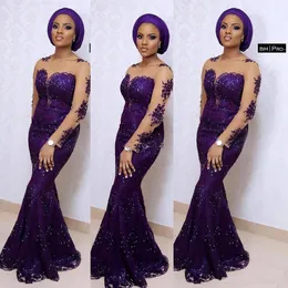 Aso Ebi Style Purple Mermaid Evening Dresses For South Africa Long Sleeve Illusion Neck Shining Lace Formal Occasion Gowns