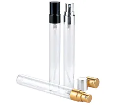 美しさの香り5ml 10mlの透明なガラススプレーボトル空の透明な詰め替え可能な香水噴霧器ゴールドシルバーキャップサンプルガラスバイアルB706