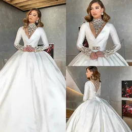 2020 Cristais vestidos de casamento vestidos de novia mangas compridas de cetim vestido de baile Vestido de Noiva Vintage vestes luxo de Mariee