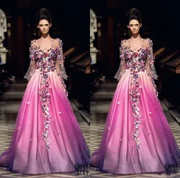3D Kwiatowy Appliqued Prom Dresses 2019 Najnowszy Długi Rękaw Kwiat Suknie Wieczorowe Arabskie Dresy Party Line Vestido de Festa