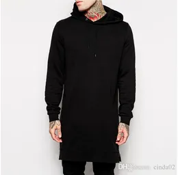 Svart mens långa luvtröjor män fleece solida tröjor mode tall hoodie hip hop sido blixtlås streetwear hiphop