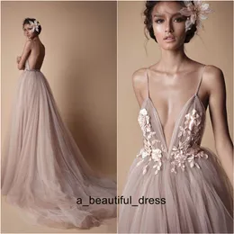 Sexy Berta Dresses Evening Wear Spaghetti Straps Sweep Train Vestidos Open Back Tulle Long Prom Dress Party Gowns ED1233