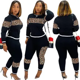 Leopard Camouflage Två Pieces Set Women's Sports Suit Långärmad Sweatshirt och Sweatpants Casual TrackSuit Jogging Femme Storlek S-3XL