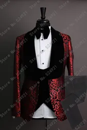 Nya ankomst brudgummen röd mönster och svart brudgum tuxedos sjal lapel män passar bröllop bästa man (jacka + byxor + väst + slips) l371
