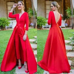 Dubai Red Jumpsuits Evening Dresses With Detachable Train V Neck Backless Prom Dresses 3/4 Sleeves Formal Party Wear Pants for Women