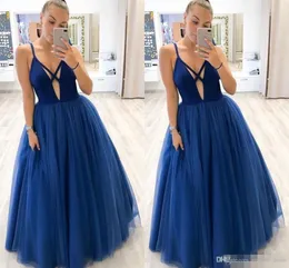 Mavi seksi kraliyet bir çizgi balo elbiseleri v boyun saten tül spagetti kayışları taban uzunluğu resmi elbise eevening parti önlükleri ogstuff vestidos estidos
