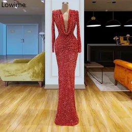 Red Reflective Sequined Mermaid Prom Dresses Deep V Neck Plus Size SexyArabic Long Sleeves Formal Evening Pageant Gown