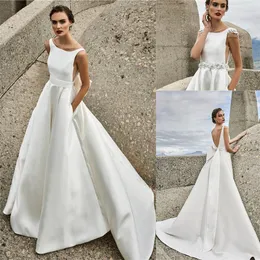 Vintage Gelinlik ile Ayrılabilir Boncuklu Kanat Jewel Kolsuz A-line Gelin Elbise Dantelli Saten Backless Sweep Tren Elbiseler De mariée