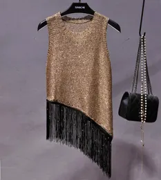 2018 O Neck Bez Rękawów Nieregularne zbiorniki Topy Kobiety Cekinowe Błyszczące Złoto Zbiorniki Kobiety Moda Tassels Shiny Gold Camis Vest Q190403