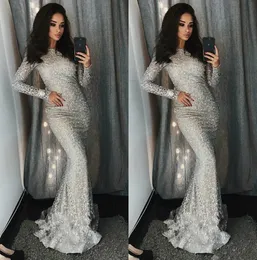 2019 New Elegant Silver Mermaid Prom Dresses Gioiello Collo Paillettes Abiti da sera formale Maniche lunghe Pageant Party Dress Plus Size