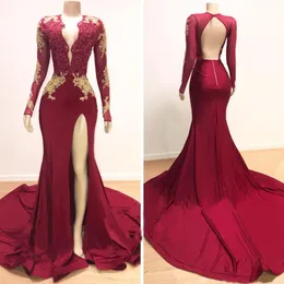 Popular Gold Appliques Dark Red Mermaid Prom Dresses New Sexy Deep V Neck Open Back Split Evening Gowns Long Sleeve Robes de soriee
