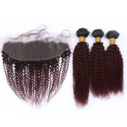 Burgundy Ombre Kinky Curly Human Hair Weave Bundles with Frontal Closure #1B/99J Wine Red Ombre Indian Hair Wefts with Lace Frontal 13x4