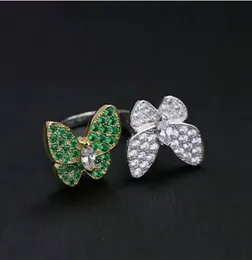 Fashion-Four leaf grass ring girl s925 sterling silver plated 18k gold double butterfly full diamond ring