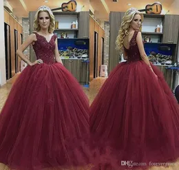 2019 Burgundia Quinceanera Dress Princess Puffy Arabski Dubaj Style Słodkie 16 Wieków Long Girls Prom Party Pageant Suknia Plus Size Custom