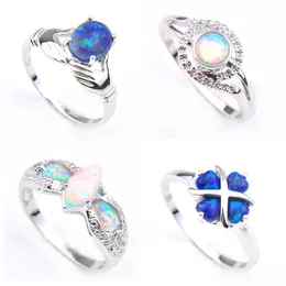 Luckyshine Wedding Ring 4 Sztuk Klasyczny Cztery Styl Niebieski Biały Ogień Opal Kamień 925 Srebrny Kwiat Pierścienie Dla Kobiet Wedding Party Wakacje Prezenty