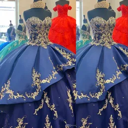 2021 Royal Blue Ball Gown Quinceanera Dresses Sweetheart Lace Applicques broderi pärlor Satin Tiered Sweet 16 Custom Party Dress266g